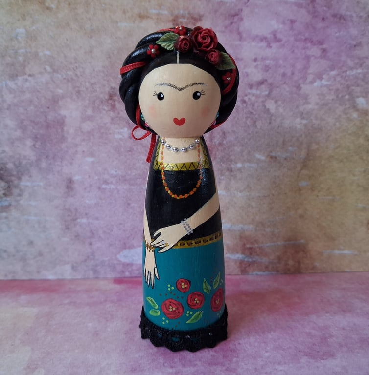 Frida Kahlo Hand-painted peg doll