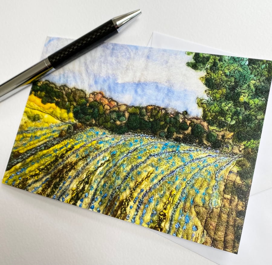 Blue flax field printed card. Rural scene. Yorkshire. 