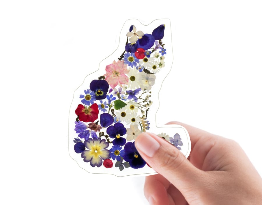 Cat Vinyl Sticker, Glossy, Pressed flower art