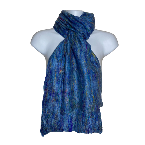 Light blue merino wool scarf with silk fibre decoration