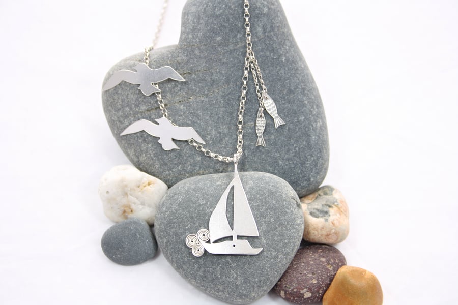 Statement Seaside Scene Sailboat Silver Necklace