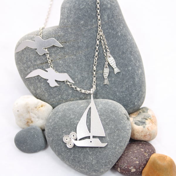 Statement Seaside Scene Sailboat Silver Necklace