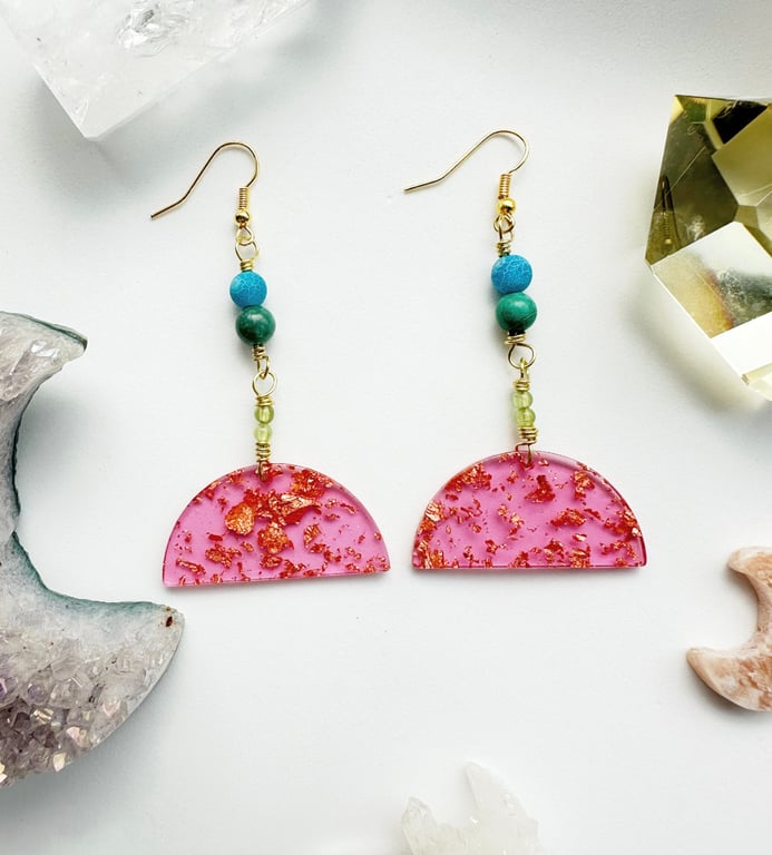 Crystal Pink Moon earrings with Peridot Jasper Agate, Gold leaf earring