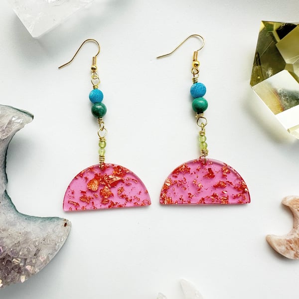 Crystal Pink Moon earrings with Peridot Jasper Agate, Gold leaf earring