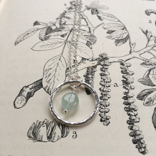 Silver hoop pendant - aquamarine gemstone - recycled silver - March birthstone
