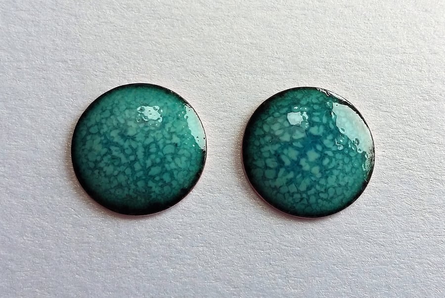 Large stud earrings in pale blue and jade enamel on copper 117