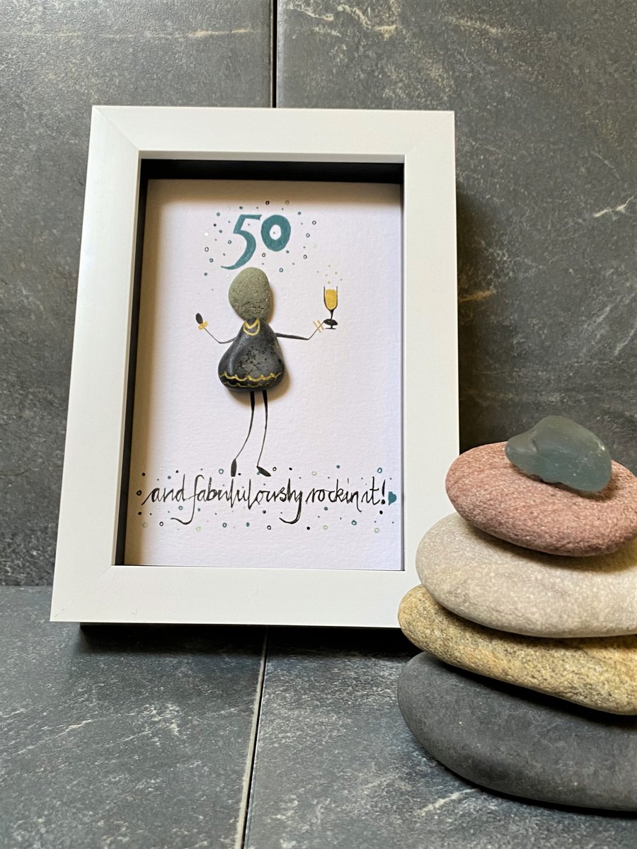 Unique 50th Birthday Pebble Art Gift for Her - Custom Framed Picture