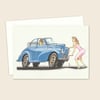 Classic Morris Minor Car Card - Hand Drawn Comic Art with a Nostalgic Feel