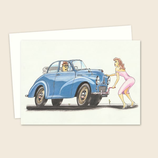 Mid Century Car Greetings Card: Original Pencil Illustration, Blank Inside (319)