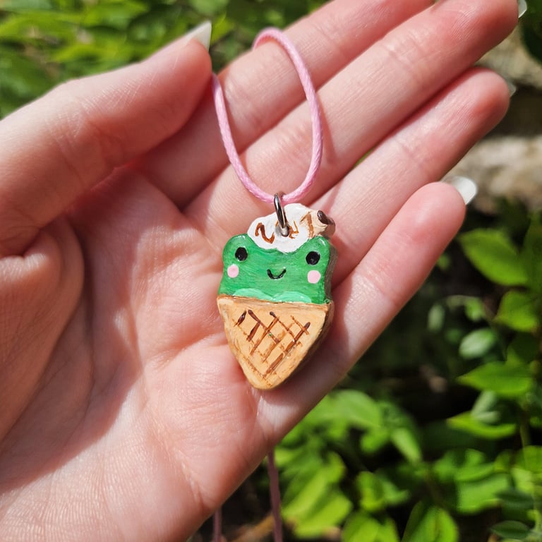 Frog necklace, Frog gift, Clay frog charm, Ice cream jewellery, Frog pendant