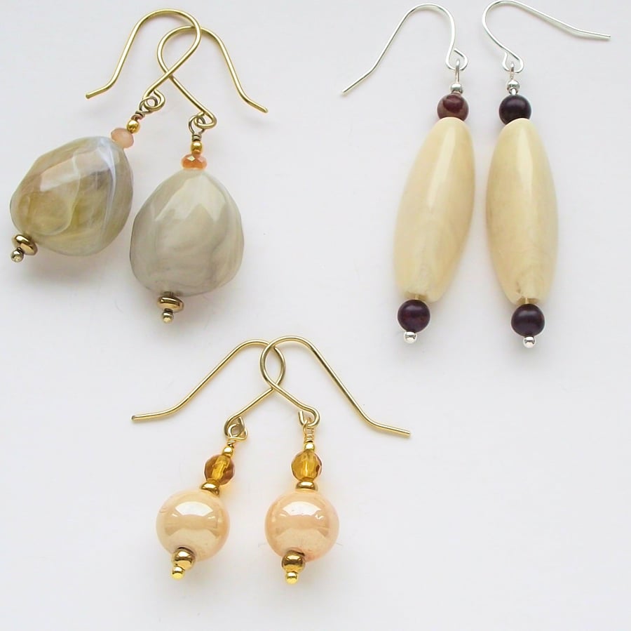 Retro cream earrings vintage beads dangle recycled neutral grey amber 3 pairs