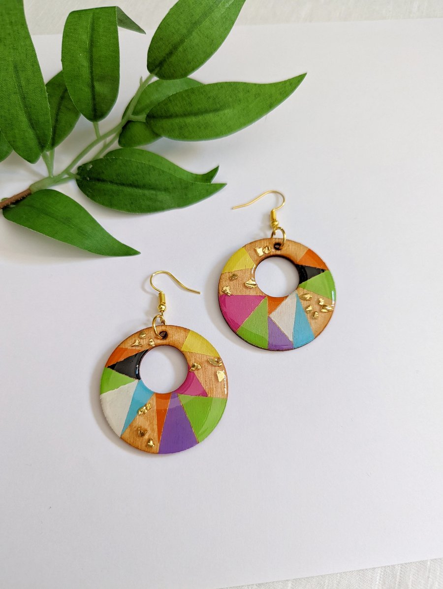 Wooden Painted Circle Earrings 