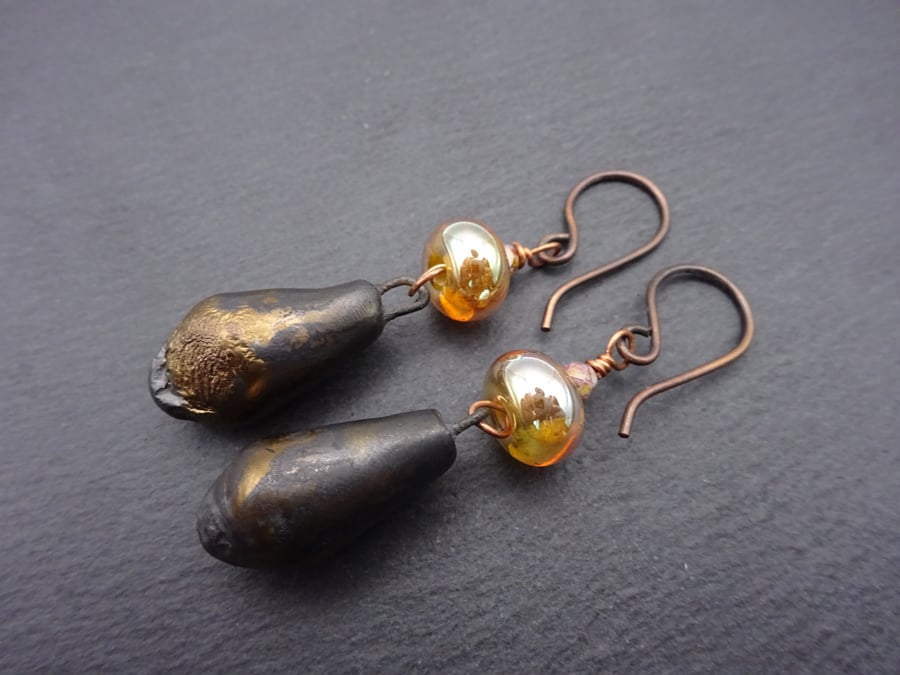 gold lampwork glass earrings, copper and ceramic jewellery
