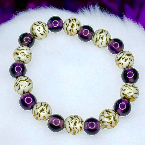  Beaded Bracelet with Tiger Stripe and Purple Glass Beads