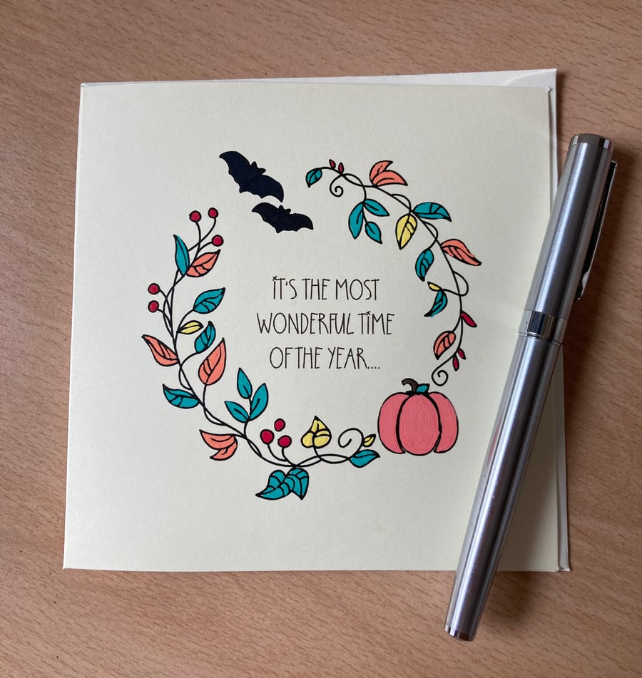 Autumn Card - spooky bats and pumpkins, blank card