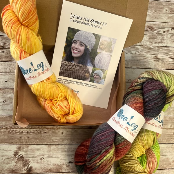 Hat knitting kit with one skein of hand dyed yarn