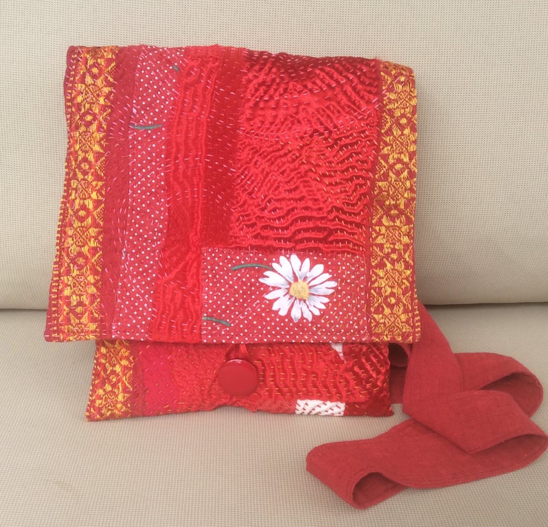 Shoulder bag, cross body bag, hand embroidered, red and gold