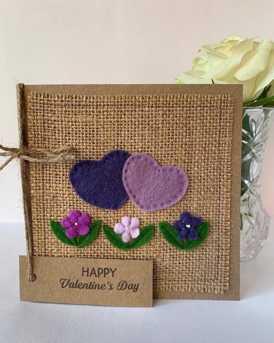 Handmade Valentines card. Hearts and flowers from wool felt. Keepsake card.