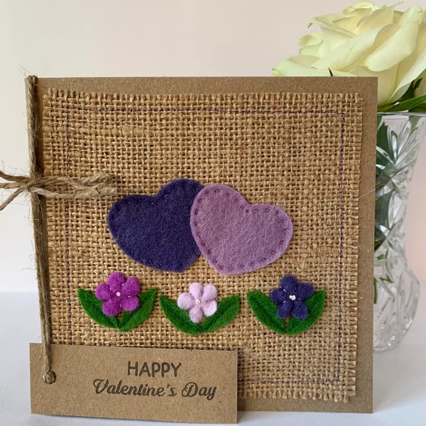 Handmade Valentines card. Hearts and flowers from wool felt. Keepsake card.