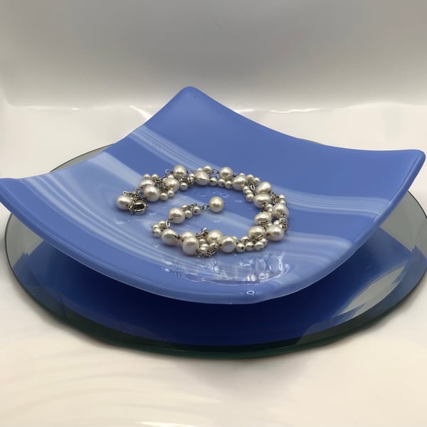 Fused glass trinket dish - blue and white swirls