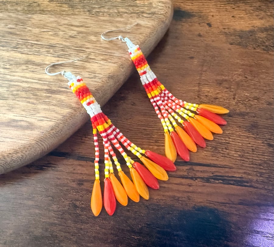 Handmade Beaded Fringe Earrings in vibrant Sunset Colours