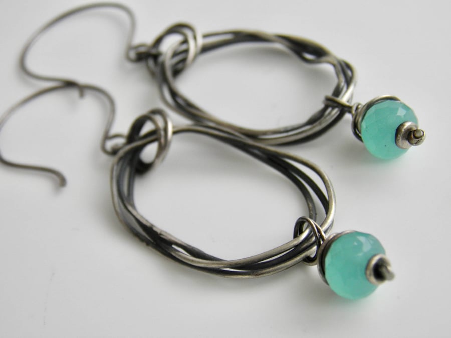 Chalcedony Handcrafted Earrings Sterling Silver, Oxidised Hoop Aqua Blue