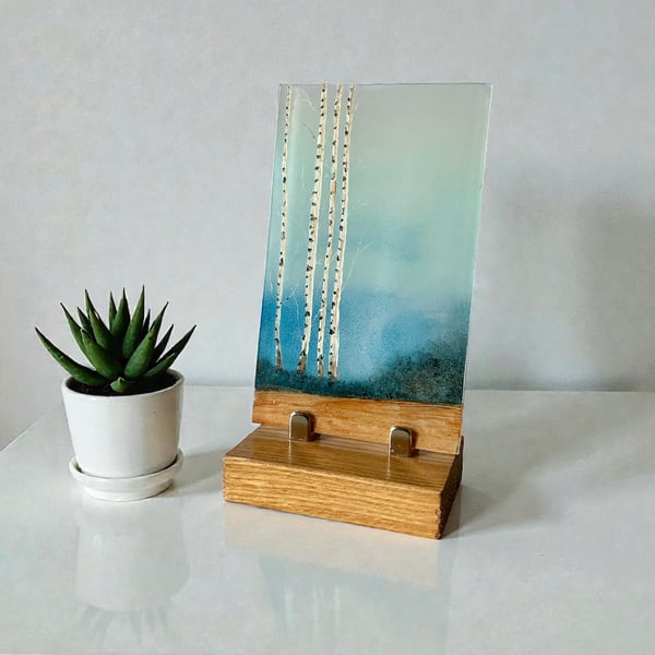 Hand painted enamel on glass landscape panel, birch trees