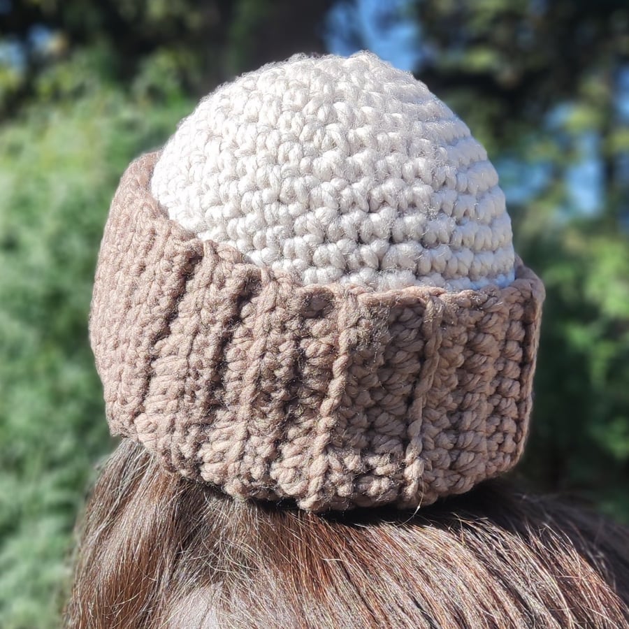 Handmade Fisherman's Hat and Neck Warmer in Parchment and Brown 