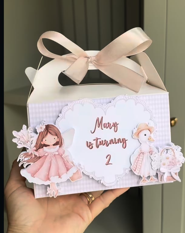 6 Personalised little girl and goose  party boxes, party bags 