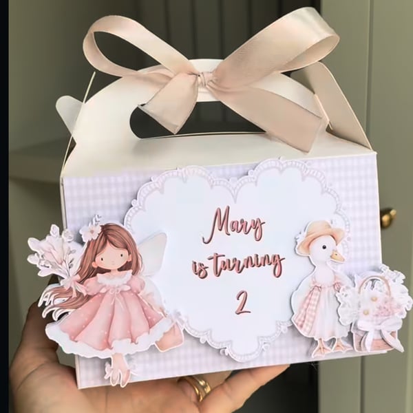 6 Personalised little girl and goose  party boxes, party bags 