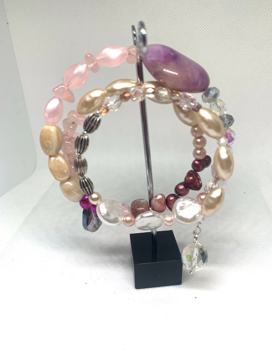 Amethyst , natural water pearls , and silver twist bracelet hand made 548