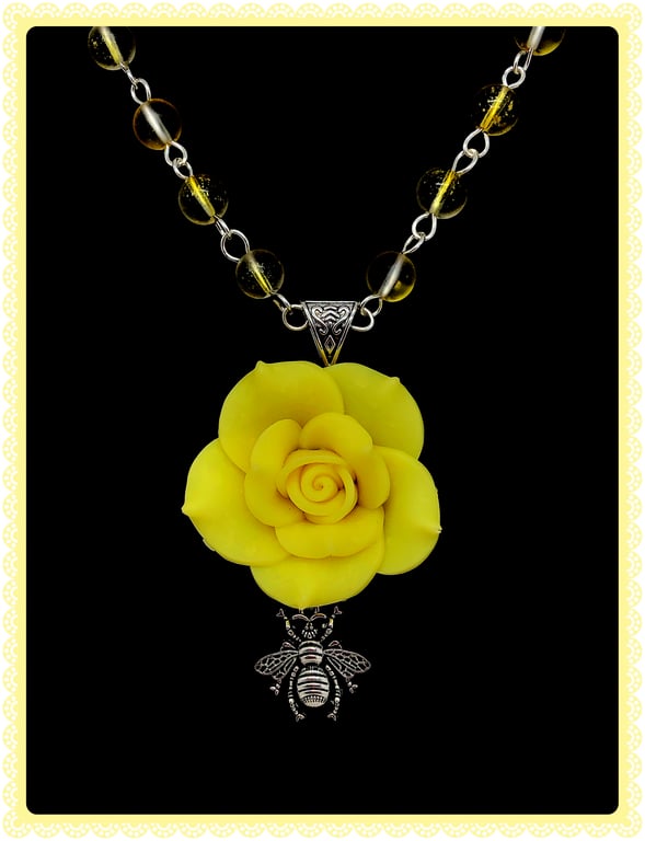 SALE One of a Kind Yellow Rose and Bee necklace