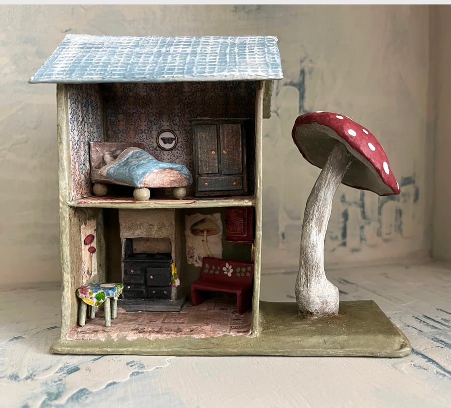 Miniature paper mache mouse house, paper gifts