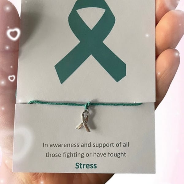 Stress awareness ribbon charm corded wish bracelet 