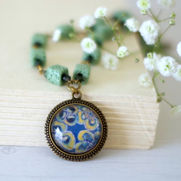 Teal and Mind Green Pendant Necklace with Floral Art Print and Lava Beads