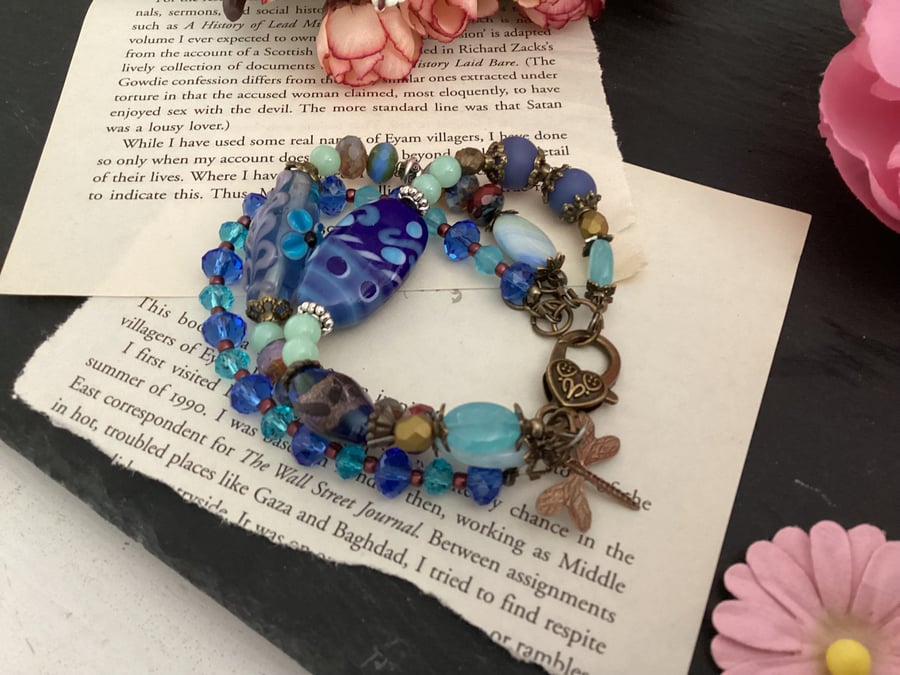 Glass beaded bracelet, lampwork beaded boho adjustable stack bracelet 
