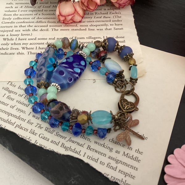 Glass beaded bracelet, lampwork beaded boho adjustable stack bracelet 
