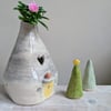 Handmade ceramic house bud vase with robin bird, pottery vase SECOND SALE