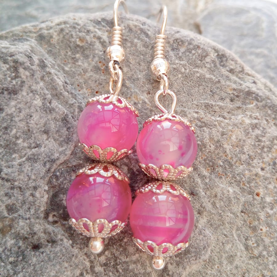 Earrings with Fuschia Fluorite Beads and Silver Plated Bead Caps, Gift for Her