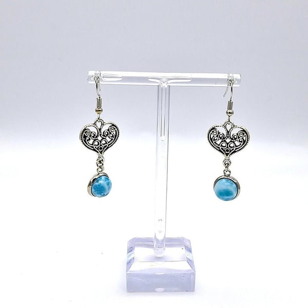Larimar Gemstone Heart Earrings Tibetan Silver Dangle Earrings