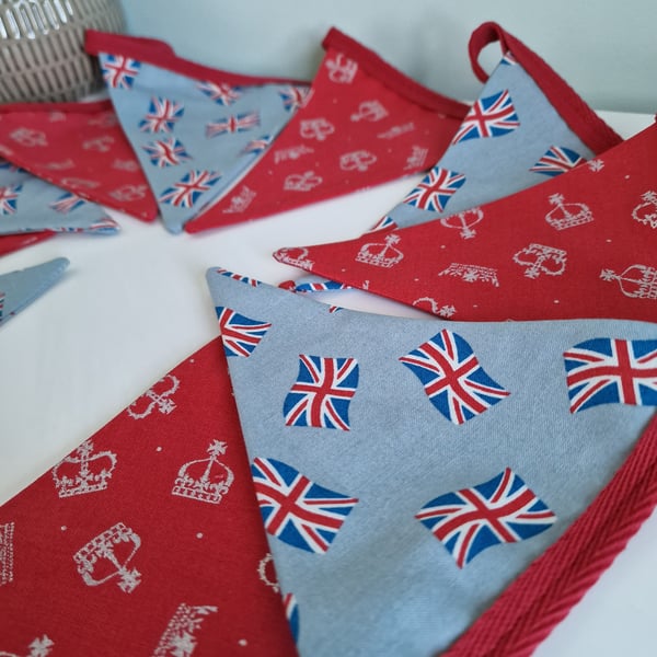 Union Jack Double Sided Handmade Bunting - Red crowns Duck Egg Blue Union Jacks