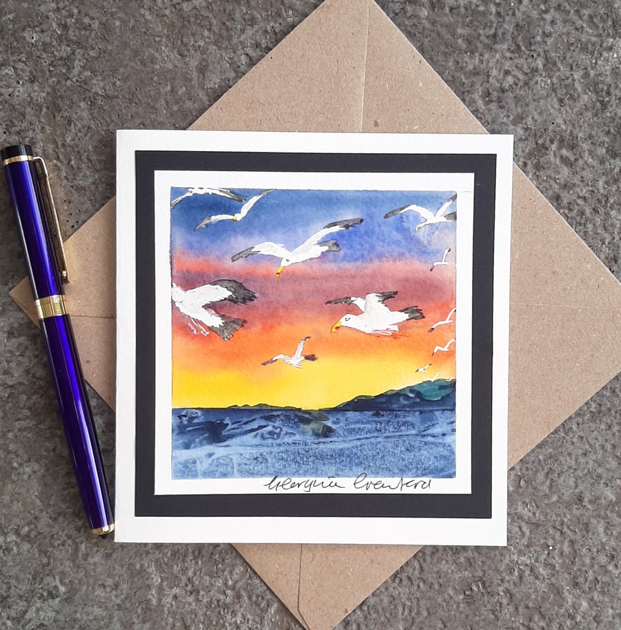 Blank Card. Gulls Going Home. Handpainted Watercolour Keepsake