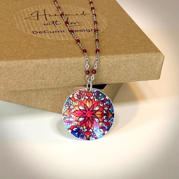 Red blue necklace, geometric 25mm colourful round jewellery pendant (MP17)