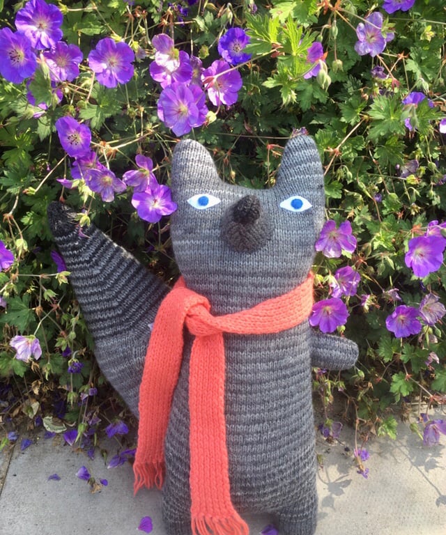 Large grey hand knitted wolf  doll 