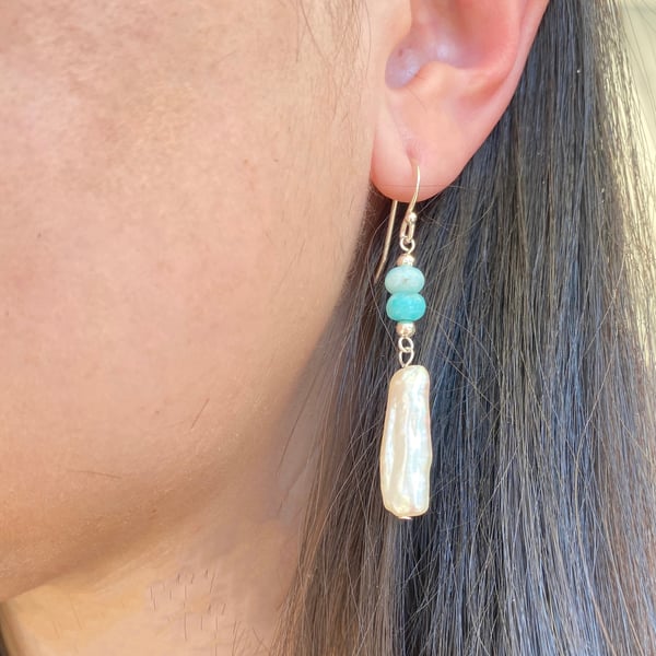 Stunning Elongated Freshwater Pearl and Amazonite Earrings in Sterling Silver