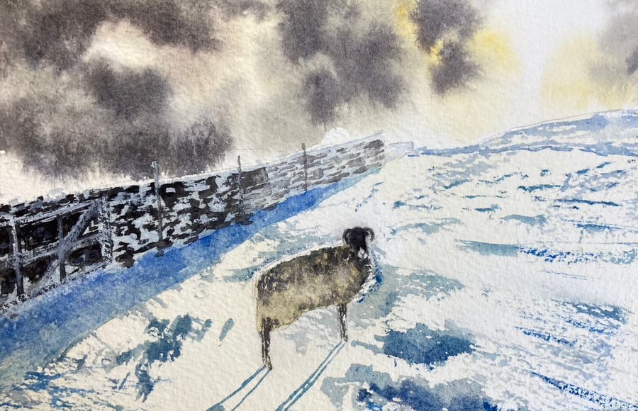Sheep in the dales (Pure Original Watercolour FULLY MOUNTED 8” x 6”)
