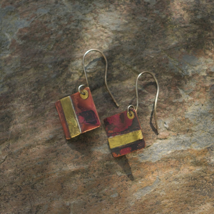 Copper and Brass Square Geometric Earrings