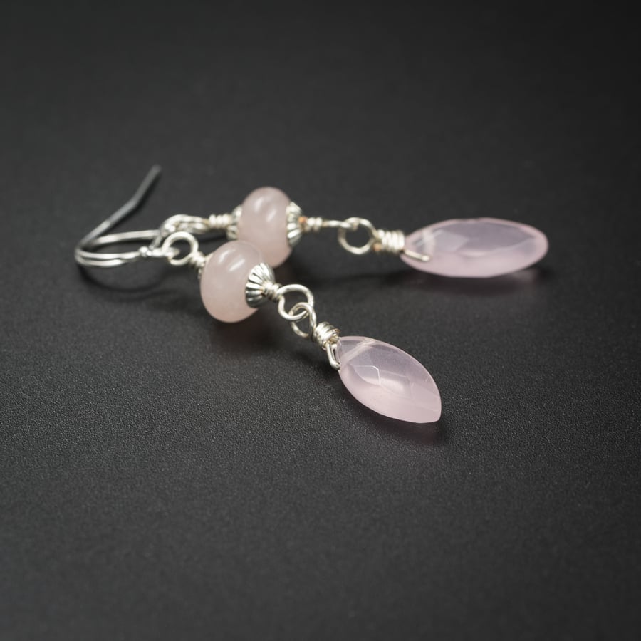 Rose quartz and pink quartz handmade teardrop earrings 