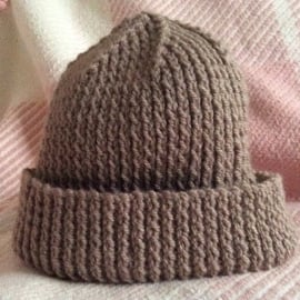 Adult Hat Hand Knitted  Light Brown Winter Warmer