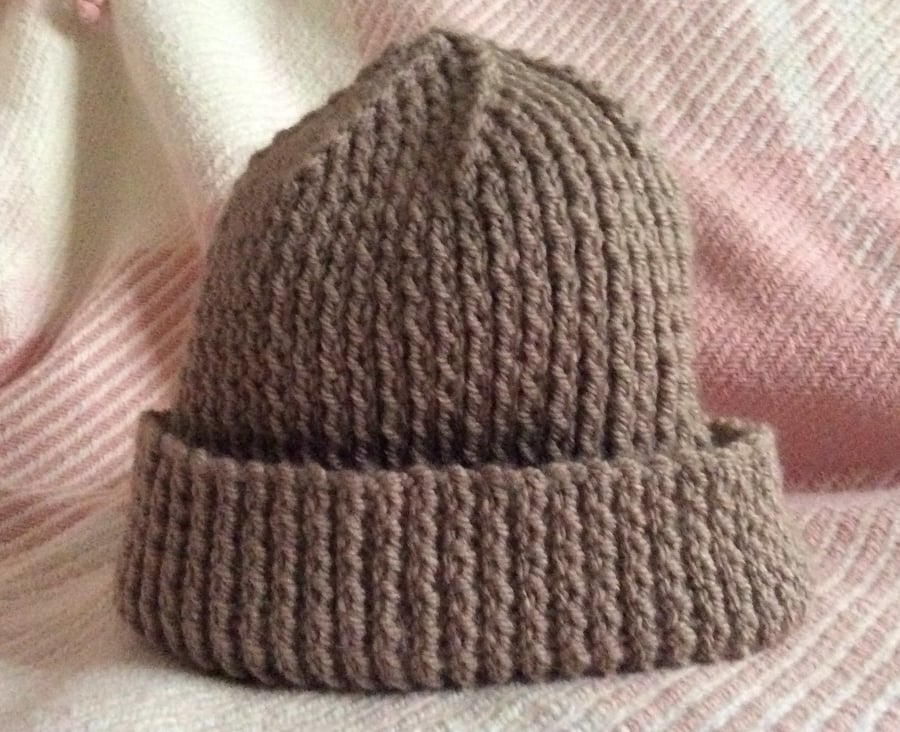 Adult Hat Hand Knitted Light Brown Beanie